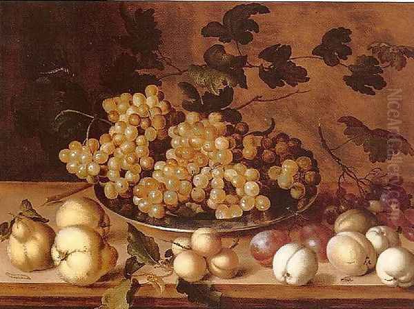 Still-life, Peaches, plums, pears and grapes Oil Painting by Balthasar Van Der Ast