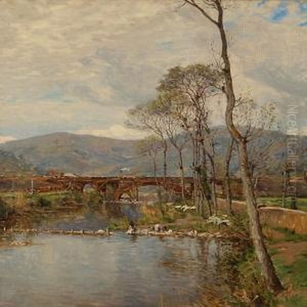 River Landscape With Women Doing The Laundry Oil Painting by Carl Martin Soya-Jensen