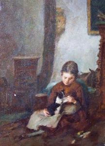 Girl With A Kitten Oil Painting by Paul Constant Soyer