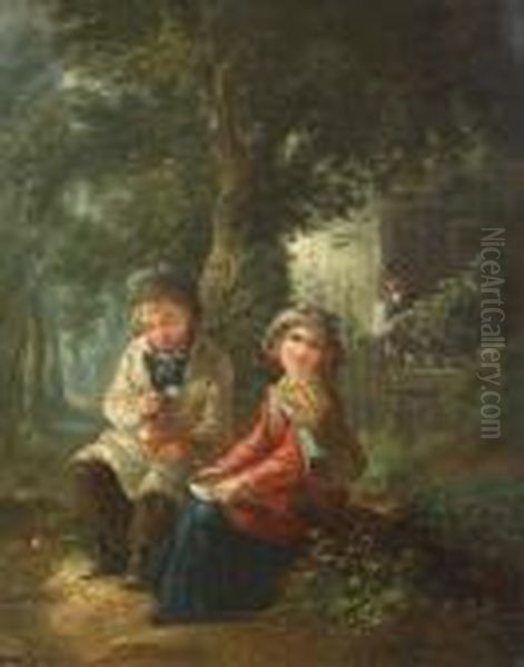 Koppel Kinderen Etend Voor Een Hoevein Het Bos Oil Painting by Paul Constant Soyer