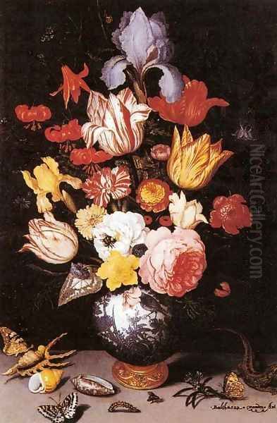 Flower Still-Life with Shell and Insects Oil Painting by Balthasar Van Der Ast