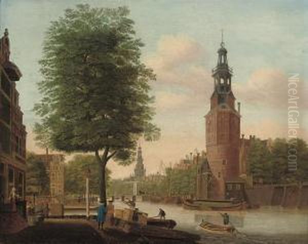 The Oude Schans Canal With The Tower Of Montelbaan, Amsterdam Oil Painting by Jan Spaan