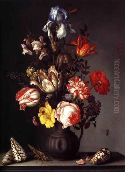 Flowers in a Vase with Shells and Insects 2 Oil Painting by Balthasar Van Der Ast