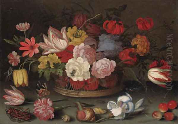 Roses, fritillaries, and lilies in a basket with cherries, shells, and an insect on a table Oil Painting by Balthasar Van Der Ast