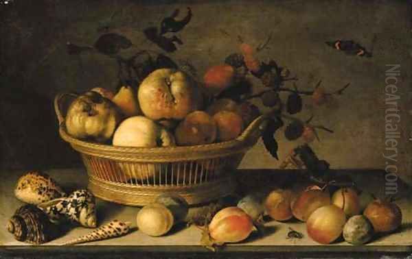 Apples, pears and a branch of mulberries in a basket, with plums, shells, a wasp, a Red Admiral, a grasshopper, a caterpillar and a fly on a ledge Oil Painting by Balthasar Van Der Ast