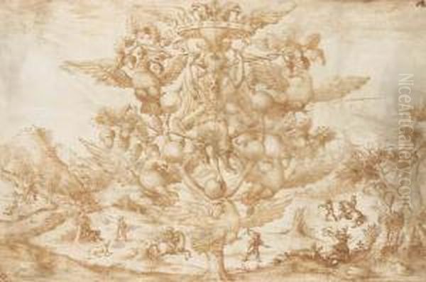 An Allegory Of Victory On A Oak Tree (the Badge Of The Della Roverefamily) Supporting The Arms Of The Medici And The Habsburgs, Ahunting Scene In The Background Oil Painting by Valerio Spada