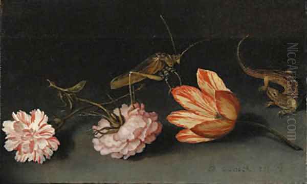 Carnations, a parrot tulip, a grasshopper and a lizard on a ledge Oil Painting by Balthasar Van Der Ast