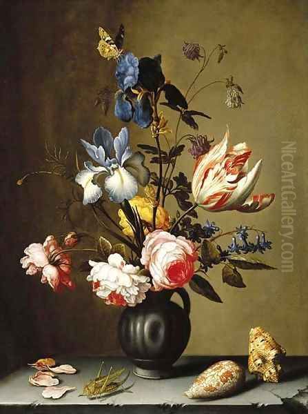 Irises, roses, columbine, hyacinth and a tulip in a black pottery pitcher, with seashells and a grasshopper on a stone ledge Oil Painting by Balthasar Van Der Ast