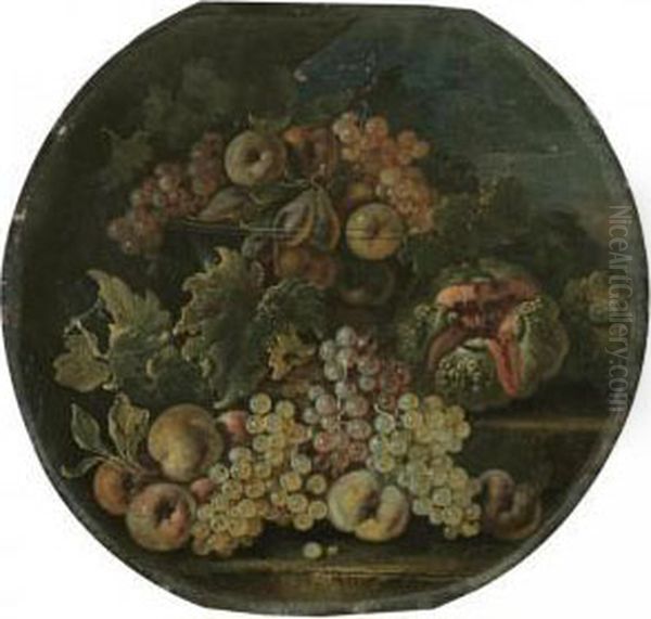 Still Life With Grapes, Apples, A Watermelon And Other Fruitsaranged Over Some Stone Steps Oil Painting by Bartolomeo Castelli Spadino