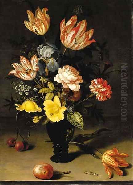 Tulips, irises, roses, forget-me-nots, chrysanthemums and hypericum in a roemer, with cherries, a plum, a tulip and a caterpiller on a stone ledge Oil Painting by Balthasar Van Der Ast