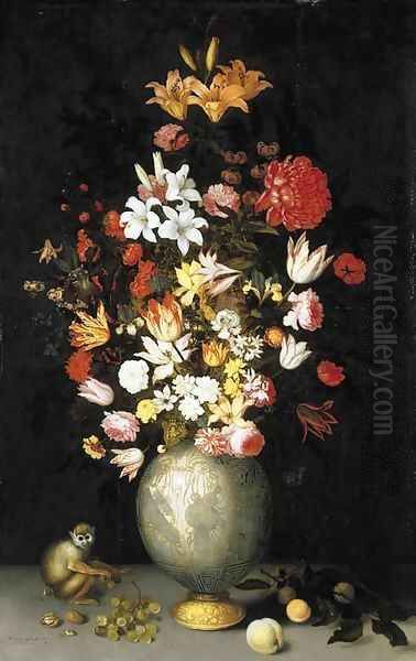 Lilies, roses, irises, tulips, narcissi, carnations and other flowers in a Chinese celadon ormulu-mounted vase, with a squirrel monkey, apricots Oil Painting by Balthasar Van Der Ast