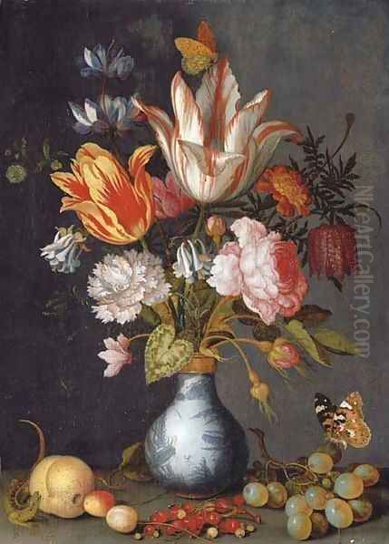 Tulips, a rose, a carnation, cyclamen, snake's head fritillary, double columbine, rosebuds and marigolds Oil Painting by Balthasar Van Der Ast