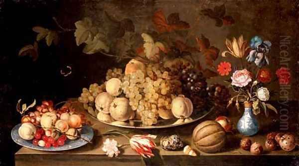 Grapes and pears on a pewter plate, with apples, cherries and grapes on a Wanli plate, flowers in a vase and a melon, nuts and shells on a tabletop Oil Painting by Balthasar Van Der Ast