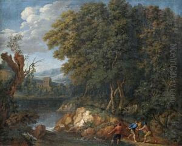 Bewolkte Flusslandschaft Mit Netzeinholenden Fischern Oil Painting by Joannes P. Spalthoven