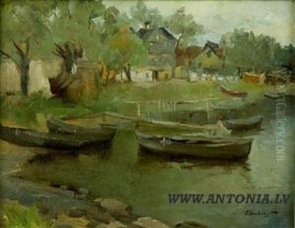 By River Oil Painting by Arnolds Spalvins