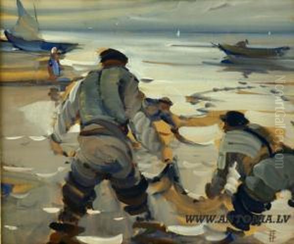 Fishermans With Nets Oil Painting by Arnolds Spalvins