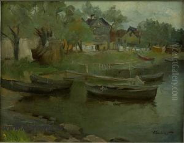 By The River Oil Painting by Arnolds Spalvins