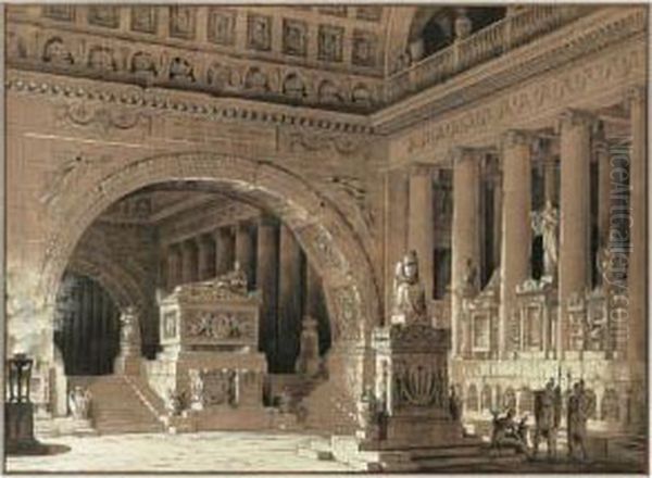 The Interior Of A Classical Temple, With A Group Of Figuresadmiring The Tombs And Monuments Oil Painting by Giuseppe Spampani