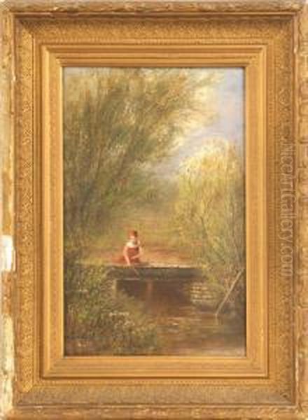 Andscape Depicting A Young Girl Fishing From A Stone Bridge Oil Painting by Frederik A. Spang