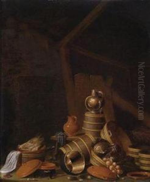 The Interior Of A Barn With Kitchenutensils Oil Painting by Jan Spanjaert