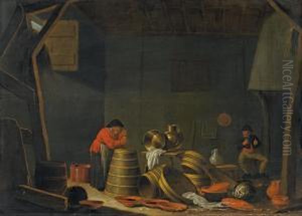 Interieur Einesbauernhauses Mit Butternder Bauerin Oil Painting by Jan Spanjaert