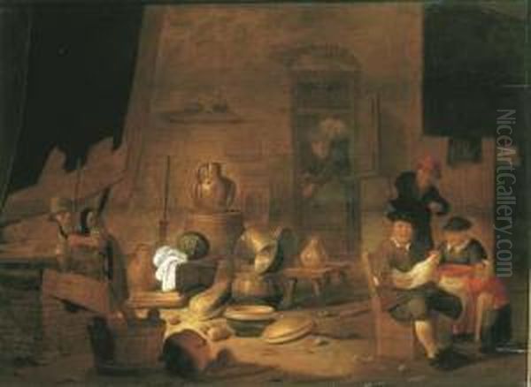 A Barn Interior With A Peasant Family Oil Painting by Jan Spanjaert