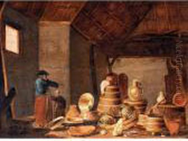 A Barn Interior With A Still Life Of Cooking Utensils Together With A Mother And Child Oil Painting by Jan Spanjaert