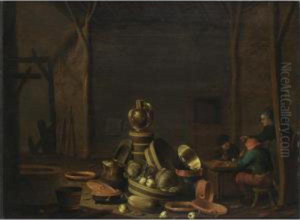 A Barn Interior With Figures Smoking At A Table, A Still Life With Kitchen Utensils And Vegetables In The Foreground Oil Painting by Jan Spanjaert