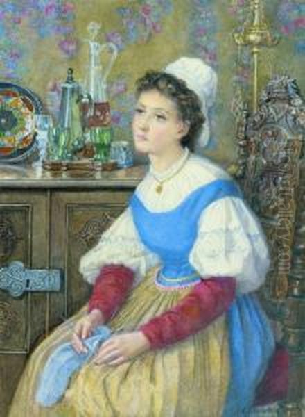 Jeune Femme Tricotant En Costume Traditionnel Oil Painting by Catherine Adelaide Sparkes