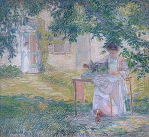 Woman Sewing Under A Tree Oil Painting by Arthur Waston Sparks