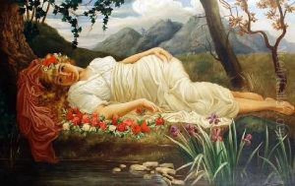 Portrait Of A Classical Beauty On A Bed Ofroses Before A Pond Oil Painting by Herbert Blande Sparks