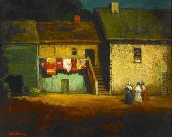 Figures Outside Houses With Blankets Over A Railing Oil Painting by Will Speaks