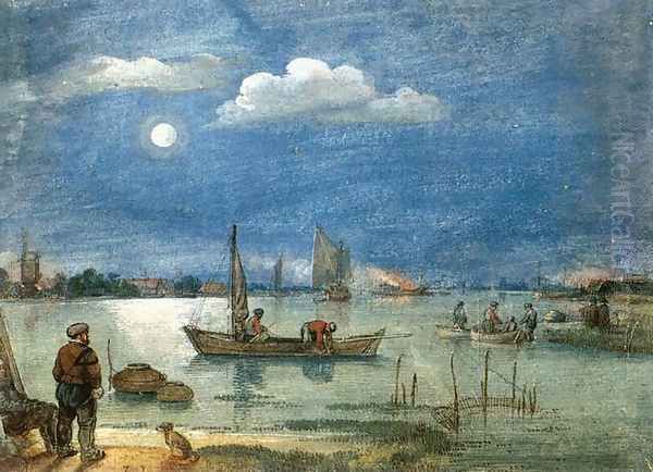 Fishermen By Moonlight 1620s Oil Painting by Hendrick Avercamp