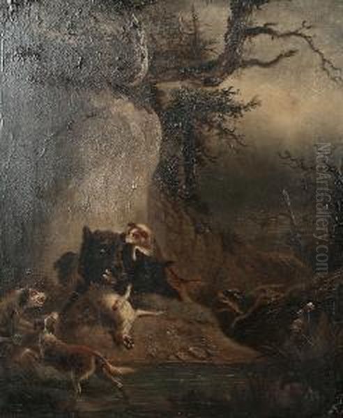 Dogs Attacking A Boar; Deer In A Forest, A Pair Oil Painting by Ernst Christian Specht