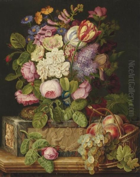 Roses, Tulips And Other Flowers On A Sculpted Plinth Oil Painting by Michel Joseph Speeckaert