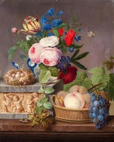 A Vase With Flowers And A Bird's Nest On A Plinth With A Relief With Putti And A Lower Marble Plateau With A May Bug, Nuts And A Basket With Fruits Oil Painting by Michel Joseph Speeckaert