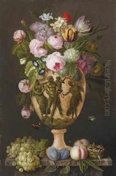 A Bouquet Of Flowers With Fruits And Insects Oil Painting by Michel Joseph Speeckaert