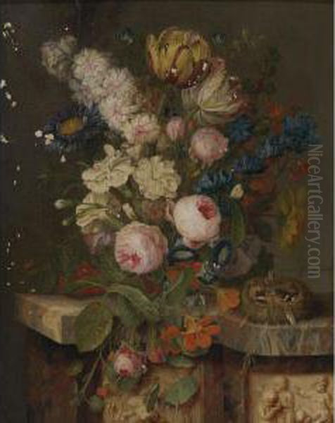 Still Life With Roses And Baby Chicks Oil Painting by Michel Joseph Speeckaert