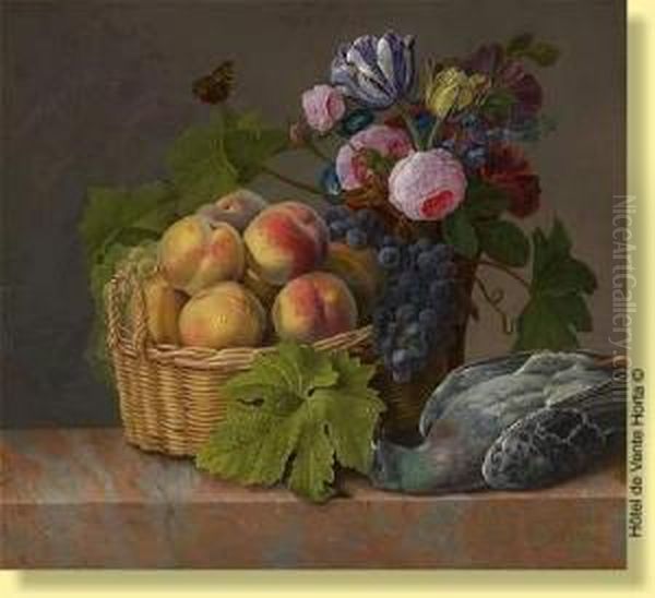 Composition Aux Fleurs, Fruits Et Pigeon Oil Painting by Michel Joseph Speeckaert