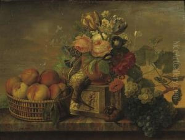 A Still Life With Peaches, Flowers And Grapes On A Ledge Oil Painting by Michel Joseph Speeckaert