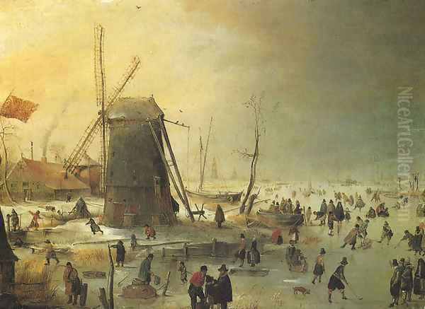 Winter Scene with Skaters by a Windmill Oil Painting by Hendrick Avercamp