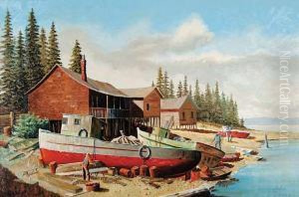 Untitled - Preparing For The Fishing Season Oil Painting by John Adams Spelman