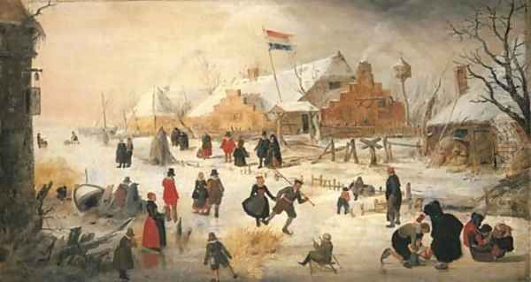 A winter landscape with elegant figures skating on a frozen river Oil Painting by Hendrick Avercamp