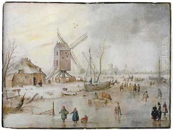 A winter landscape with figures on a frozen river near a windmill Oil Painting by Hendrick Avercamp