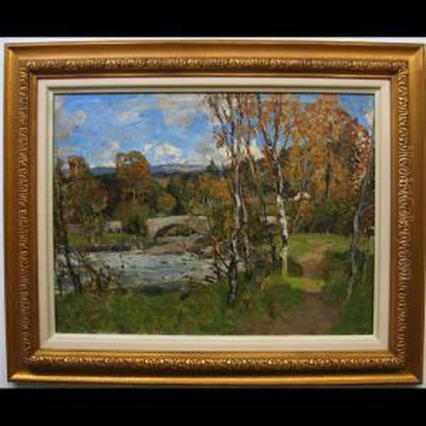 An Autumn River With Bridge Oil Painting by Harry Spence