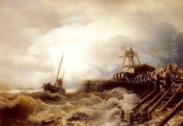 A Fishing Boat Caught In A Squall Off A Jetty Oil Painting by Andreas Achenbach