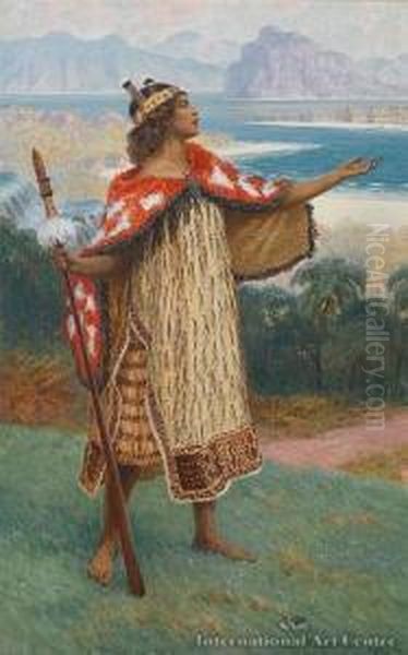 Maori Girl In The Bay Ofislands & Maori Man Playing The Putorino Oil Painting by Percy Fred. Seaton Spence