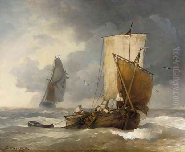 Fishing Boats in Stormy Seas (Fischkutter auf stürmischer See) Oil Painting by Andreas Achenbach