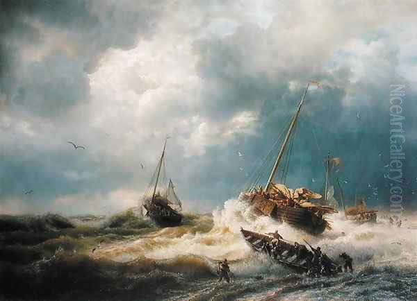 Ships in a Storm on the Dutch Coast 1854 Oil Painting by Andreas Achenbach