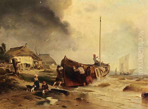 A Fishingboat On The Beach Oil Painting by Andreas Achenbach